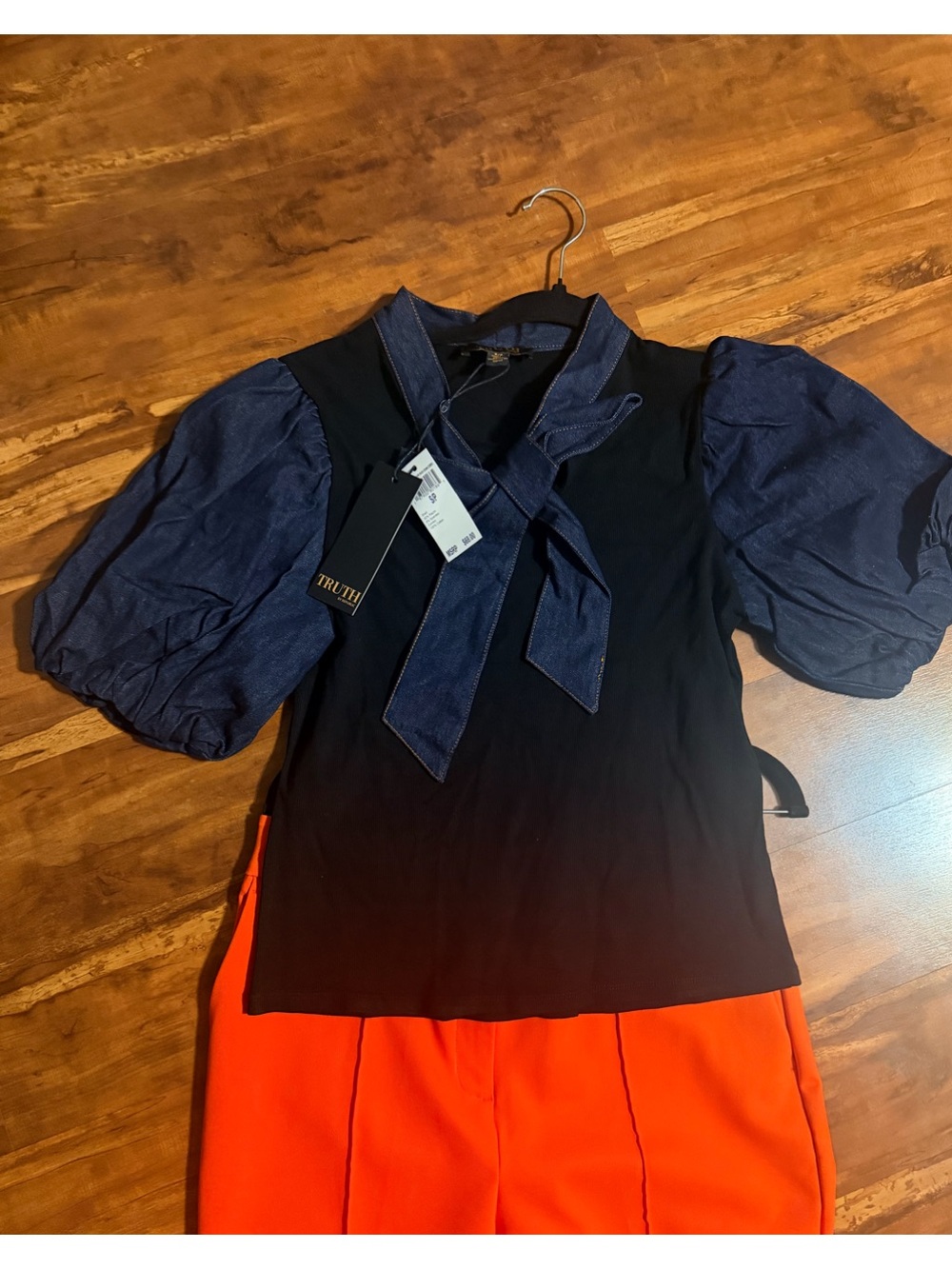 Truth Black Top with Navy Puff Sleeves and Tie Neck